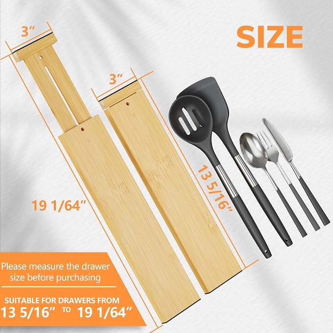BAMEOS Bamboo Expandable Drawer Dividers – Fits 13.3"–19" Drawers, 3" Deep Walls, Set of 4 | Spring-Loaded Separator for Deep Kitchen & Bathroom Drawers, Prevents Items Falling Over