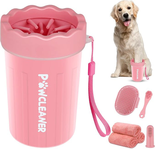 Professional 7 in 1 Dog Paw Cleaner for Dogs - Includes 1 Portable Paw Washer, 1 Bath Brush, 2 Dog Toothbrushes and 3 Absorbent Towels Note: Fits Paws 1.5 to 2.5 Inches Wide (Medium, Light Pink)