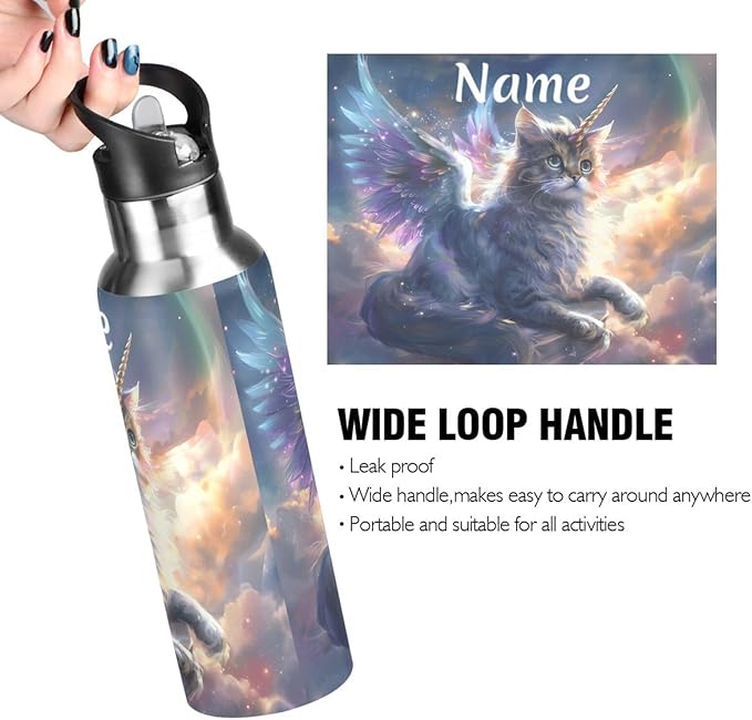 Custom Name Unicorn Cat with Wings Water Bottle with Straw Lid Kids Insulated Stainless Steel Water Flask Sports, 20 Oz Hot Cold