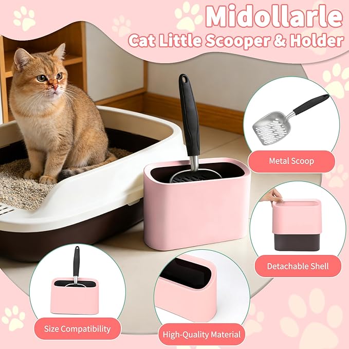 Metal Cat Litter Scoop with Holder, Lidded Caddy Set, Pink | Sifting Slots, Curved Grip, Rinse-Clean Holder, 12 x 4 x 1.5 in Aluminum Scoop, 8 x 2.9 x 5.9 in Lidded Caddy