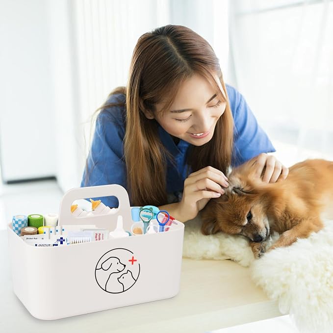 Dog Storage Organizer for Nursing Supplies,Portable Caddy for Pet Stuff,Divided Storage Bin for Dog Cat Feeding Bottle/Pet Pill Shooter/Whelping Kit-Bathroom,Countertop Storage-White