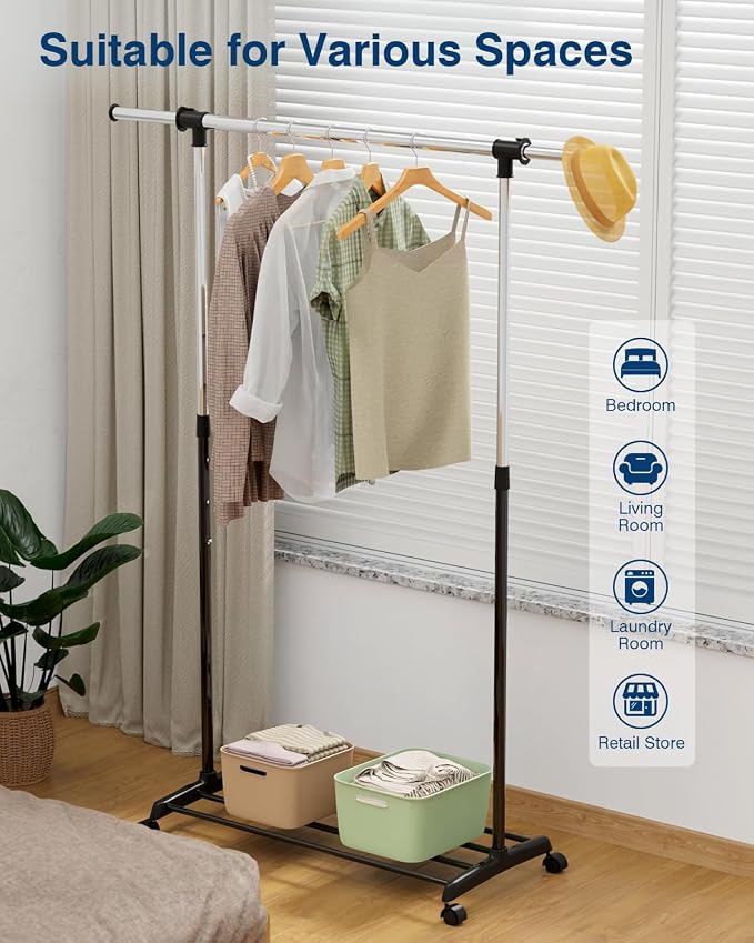 Whitmor Heavy Duty Adjustable Garment Rack-Rolling Clothes Organizer, Black and Chrome