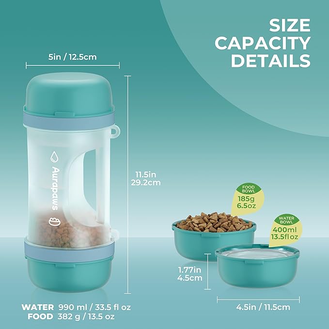 Dog Water Bottle with 33.5oz Water & 13.5oz Food Dispenser, 2 Detachable Bowls with Shoulder Strap, Leakproof Portable Travel Water Bottle for Pets Outdoor Walking, Hiking, Camping, Large
