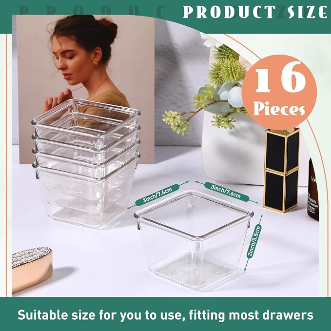 Tioncy 16 Pcs Stackable Clear Drawer Organizer 3" x 3" x 2" Storage Bins | For Makeup Vanity Bathroom Kitchen, Small Containers Office Desk Cosmetics, Transparent Organizers Declutter Drawers Easily