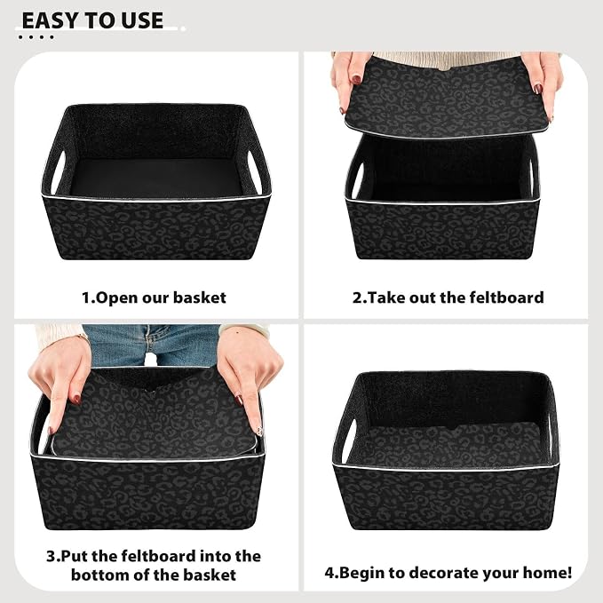 Emelivor Leopard Black Storage Basket Bins Set (2pcs) Felt Foldable Storage Bins with Fabric Rectangle Basket for Organizing for Laundry Room Organization