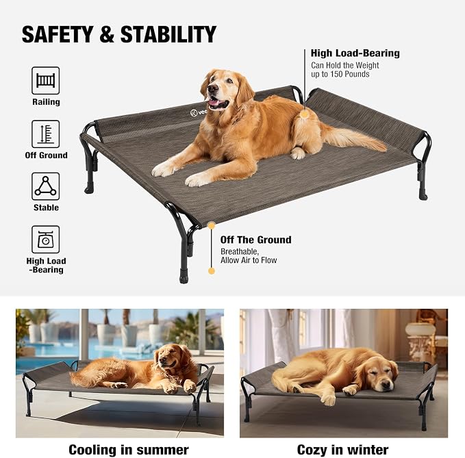 Veehoo Cooling Elevated Dog Bed, Raised Dog Cot with Guardrail & Headrest | Washable Dog Couch Bed for Indoor & Outdoor, Durable Breathable Teslin Mesh, Non-Slip Feet, Large 47" x 32", Brown
