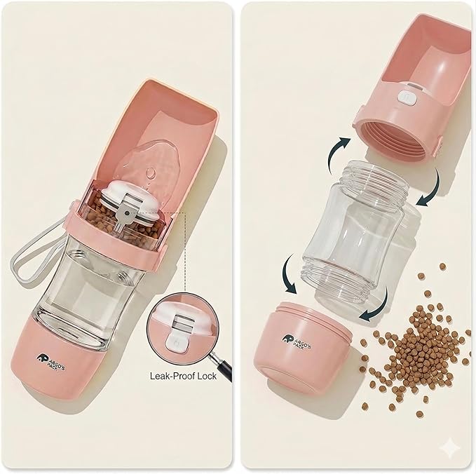 Argo's Pack 2-in-1 Dog Water Bottle & Food Container: Foldable Bowl, Leak-Proof & Portable. Durable Travel Gear for Dogs & Cats. Essential for Walking & Hiking. Perfect for Active Pet Owners. (Pink)