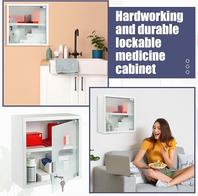 Timgle First Aid Wall Cabinet with Lock Medicine Wall Mounted Bathroom Storage Hanging Medical Cabinet with Safety Glass Door for Bathroom(2 Shelves,White)