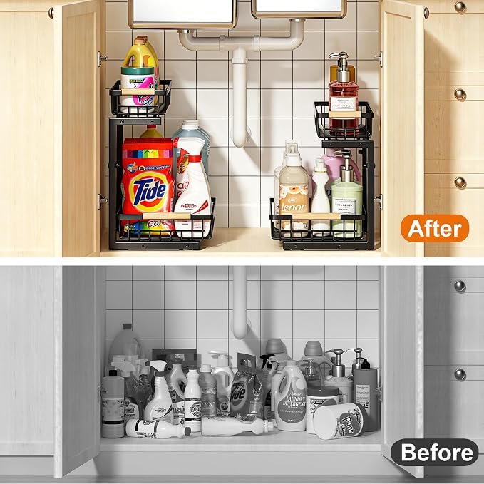 Under Sink Organizer, Adjustable 2 Tier Pull Out Kitchen Bathroom | cabinet organizer, 5 level adjustable, quiet sliding rails, dual suction and nano tape, no drill, rust resistant holds 50 lbs