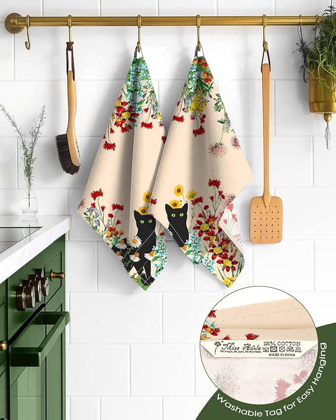 Miss Adola Flour Sack Kitchen Towels - Set of 2 Spring Dish Towels with Hanging Loop 18x26 Inch Absorbent Reusable Cotton Cloths for Cleaning Cute Design Home Decorative Housewarming, Cat in Grass