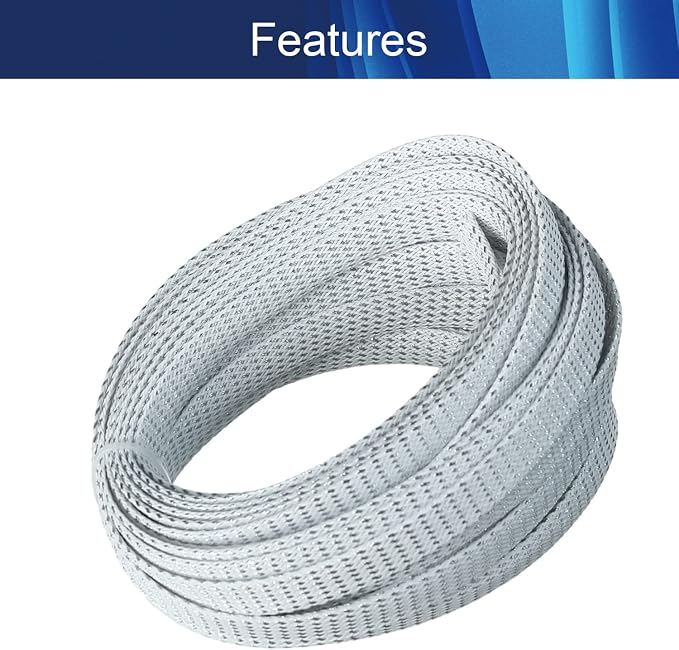 Jutagoss PET Expandable Braided Cable Sleeve, 32.8ft - 1/2 inch Silver White Cable Management Sleeve, Wire Loom Tube Cord Protector for USB Cable, Power Cord, Audio Video and More, 1Pc