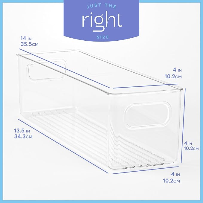 Plastic Food Storage Clear Container Bin with Handles for Organizing Kitchen, Pantry, Refrigerator, Freezer, Pantry, Cabinet, Closet, Bathroom. 14”x4”x4”
