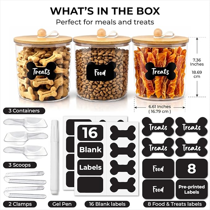Dog Treat Container Airtight & Dog Treat Jar With Lid: Pet Food Storage | Create a tidy, modern pet feeding zone, Clear acrylic shows food levels instantly, Protect pet food from going stale.