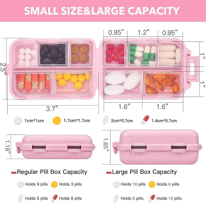 Large Travel Pill Organizer with 189 Medicine Labels, 10 Compartments Portable Small Pill Case Daily Medicine Storage Container for Purse, Car, Airplane and Vacation Trave 3 Pack