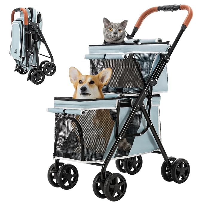 Double Pet Stroller for 2 Dogs & Cats, Double-Decker, Blue | One-Hand Fold Two-Tier Stroller with Separate Cabins, 44 lb Capacity, 4 Tethers, Locking Front Wheels and Rear Brakes