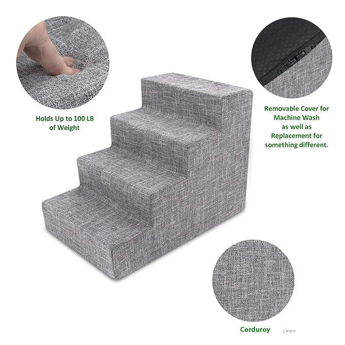Best Pet Supplies Dog Stairs & Steps - Foam Steps for Small Dogs & Cats, Non-Slip Indoor Balanced Pet Step Support, Dog Ramp, No Assembly, Ash Gray Linen, 4-Step (18-inch Height)