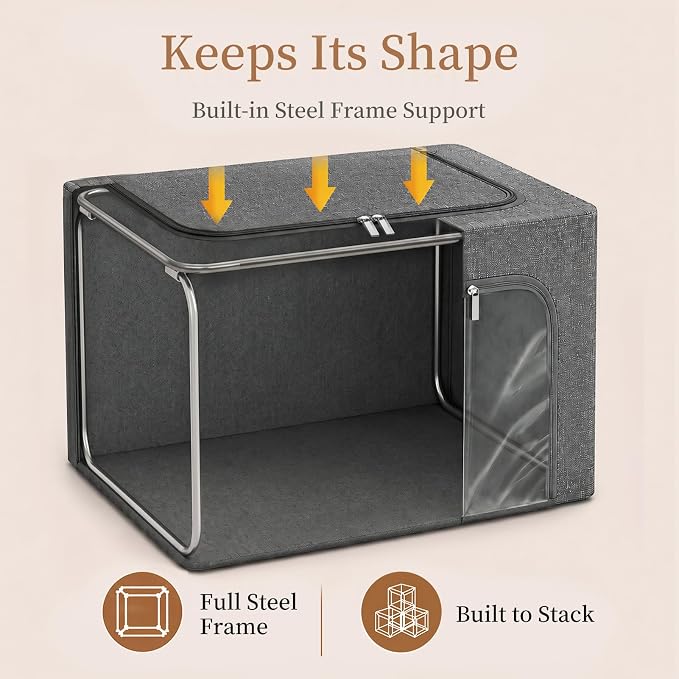GoMaihe Clothes Storage Bins with Metal Frame for Sweaters, 40L 3-Pack Grey | Seasonal Clothes Hoodies Jeans, Closet Top Shelf Linen Closet Organizer, 3 Side Access Stackable Collapse-Proof, Clear Window
