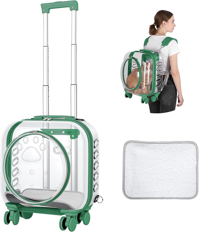 Pet Trolley Case with Ventilation Holes, Pet Carrier,Pet Rolling Carrier,Clear Window Pet Trolley Case,Pet Strollers for Small Dogs,Cat Carrier with Silent Wheels Telescopic for Travel (Green-A)