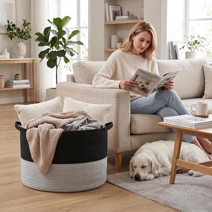 115L Large Blanket Basket,Woven Laundry Basket-Black&Light Grey | Collapsible, reinforced handles, nursery storage bin organizes clothes, toys and pillows for living room, bedroom bathroom