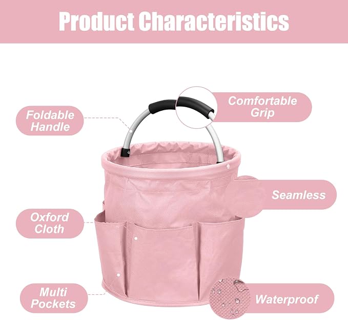 17L Cleaning Caddy with Handle, Foldable Cleaning Supply Caddy with 6 Pockets Cleaning Caddy Bag for Outdoor Camping Garden Harvest Basket Bathroom Storage (Pink)