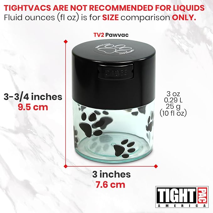 Pawvac 3 Ounce Vacuum Sealed Pet Food Storage Container; Black Cap & Clear Body/Black Paws