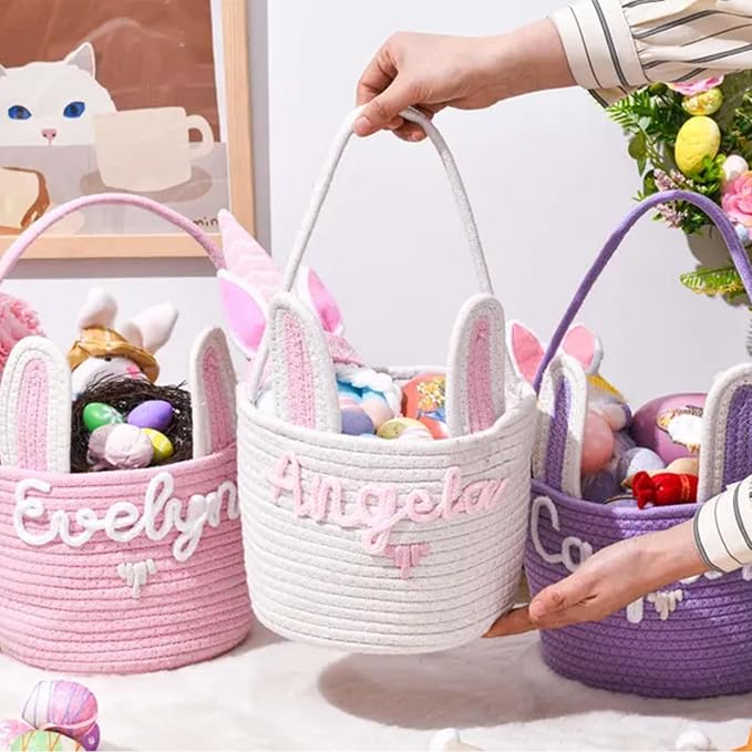 Personalized Cute Small Woven Basket with Handles, Custom Cotton Rope Room Shelf Storage Basket, Empty Decorative Gift Basket, Decorative Round Bin for Nursery Bedroom Bathroom (Style G)