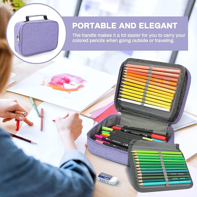 Number-one Large Capacity Pencil Case, 72 Slots Colored Pencil Pouch Bag Portable Pencil Holder Stationery Organizer with Compartments for Office and Travel, Purple