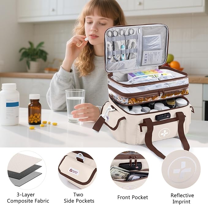 BAGSFY 3-Tier Medicine Organizer with Combination Lock – Large Medicine Bag, Empty First Aid Kit Case, Pill Bottle Medical Supply Organizer, Travel Prescription Bag, Medication Storage Container