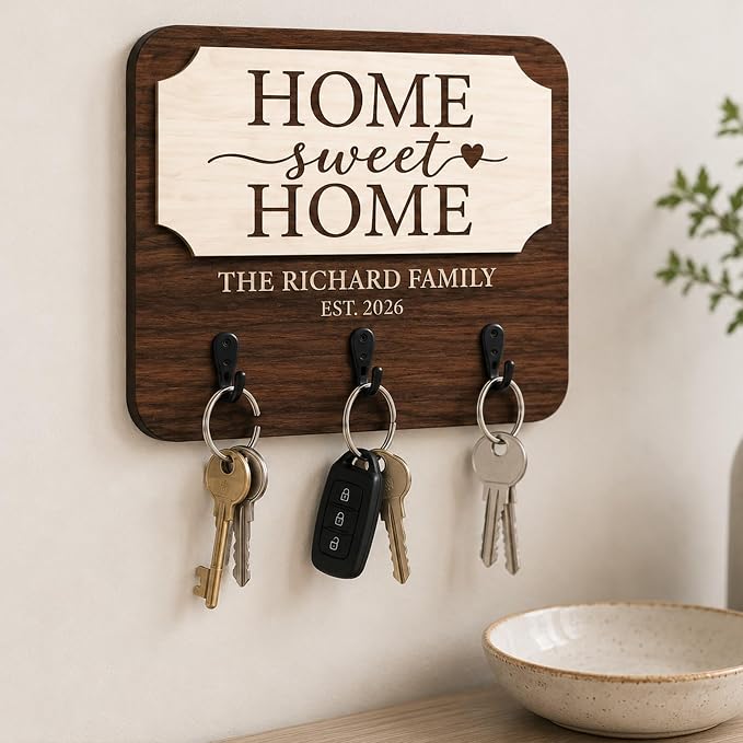 Personalized Key Holder Wall Mount, Custom Wooden Key Hanger with Family Name & Year, Rustic Home Sweet Home Keychain Holder for Wall, Entryway Keys Hook Rack, Housewarming Gifts, Hallways Décor