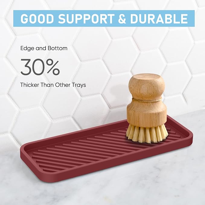 Silicone Sponge Holder, Kitchen Sink Organizer Tray（Mahogany）