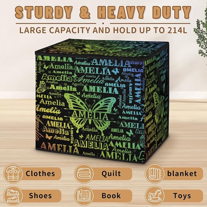 Custom Name Large Clothes Storage Organization with Lids, Bedding Clothes Towel Storage Bin Shelf Basket for Nursery, Gift Basket, Pet Basket, Gradient Yellow Blue Names with Butterflies Black