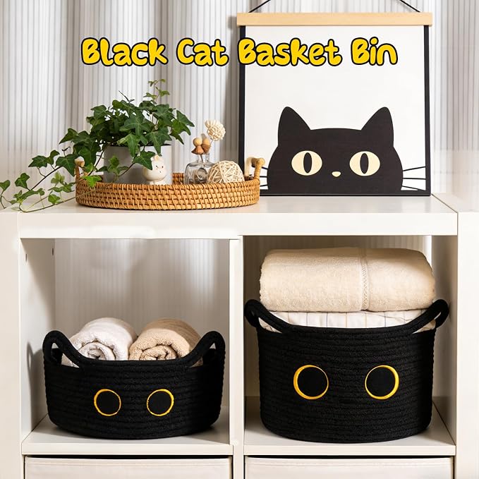 Cute Cat Toy Basket, Large Cotton Rope Toy Bin Box for Cats Bin | Oval Baby 0rganize Blanket Shower Hamper with Handles, Decorative Storage Cat Bin, Halloween Decor,13"D x 8"H IN
