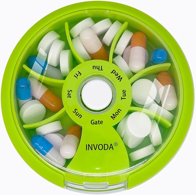 INVODA Weekly Pill Organizer 7 Compartment Rotating Pill Box for Daily | Cute Round Pill Organizer Fit purse pocket or backpack Portable Travel Pill Case for Fish Oil Supplements Vitamins Medication