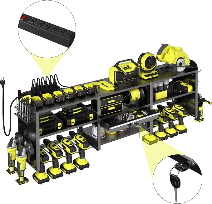 KSVO Large Power Tool Organizer Wall Mount with Locking Drawers, Black | Grinder Holder, Hammer & Pliers Rack, 6-Outlet Charging Shelf, Heavy-Duty Metal Storage for Garage & Workshop