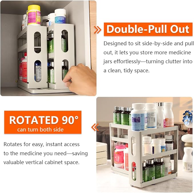 Dutiplus Medicine Organizer 2 Three-Decker Shelves Cabinet Storage Rack Organizer for Holding Vitamins, Supplements Cosmetics (9”H x 5.8”W x 10.4”D) (Natural White)