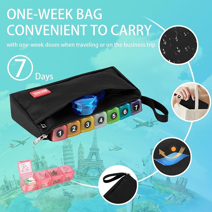 Monthly Pill Organizer, Medicine Organizer Box with Portable Hard Shell and Pill Cutter, 31 Day Pill Holder with Weekly Pill Bag (Purple, 4 Times a Day)