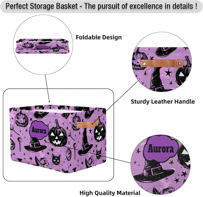 Personalized Name Storage Basket Handles for Girls, Canvas Storage Bins Toys Clothes Organizer for Bedroom, Kitchen, Bathroom, Nursery, Shelves, Closets, Hand Drawn Pumpkin Cat Witch Hat Purple