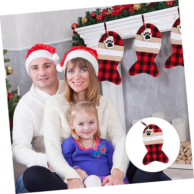 Gogogmee 1pc Christmas Stocking Pouch Bag and Red Plaid Design for Pet Holiday Storage and Decorations for Filling Treats and Presents