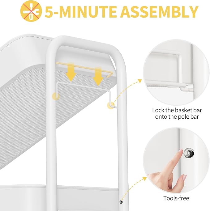TOOLF 3 Tier Rolling Cart, Metal Utility Storage Cart with Pegboard, White | 2 Bins & 4 Hooks, Screwless Assembly, Lockable Wheels, Trolley Organizer for Bathroom, Kitchen, Office, Dorm, Craft Room