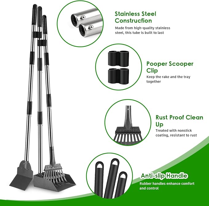 Pooper Scooper, Long Handle Dog Poop Scooper for Medium Small Dogs | Heavy Duty, Pet Supplies Metal Tray Rake Spade, Stainless Steel, Rust-Resistant,37"+ Handle No Bend, Use on Grass Dirt Gravel