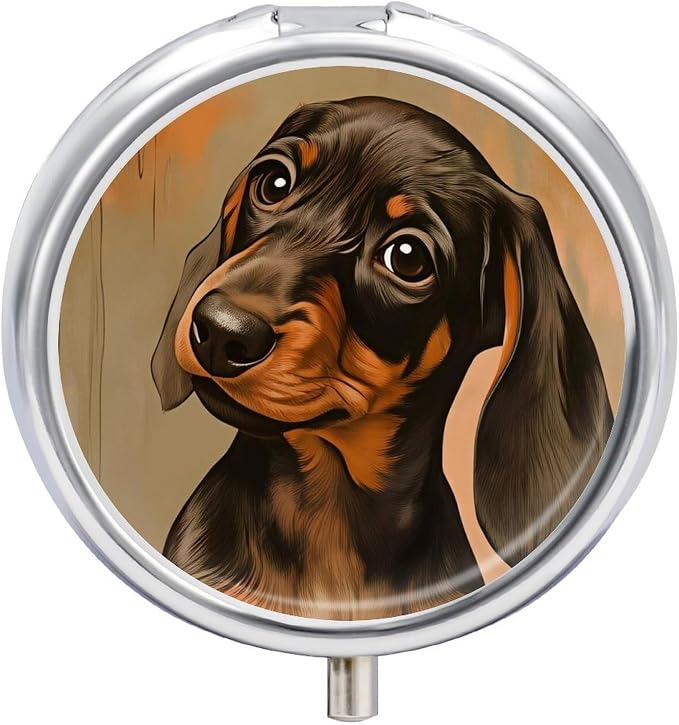 Dachshund Puppy Metal Pill Organizer with Mirror, 3-Compartment Travel Pill Box, 2-Inch Round Pocket Medicine Case with Secure Latch, Portable Vitamin Holder for Women & Men