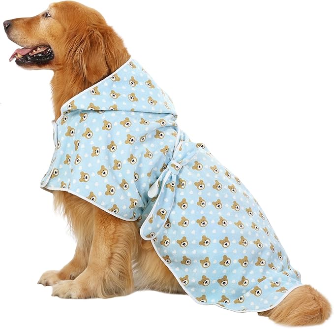 HDE Dog Bathrobe Super Absorbent Quick Drying Puppy Towel Wrap Coat Adjustable After Bath Robes with Hood for Dog Sizes S-XXL Teddy Bears XXL