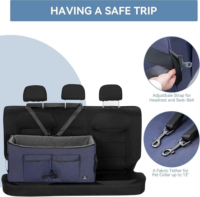 A 4 Pet Dog Car Seat, Under 55 lbs, 2 Safety Belts & Storage Bags | For medium/large dogs or 2 small dogs, portable, comfortable travel seat