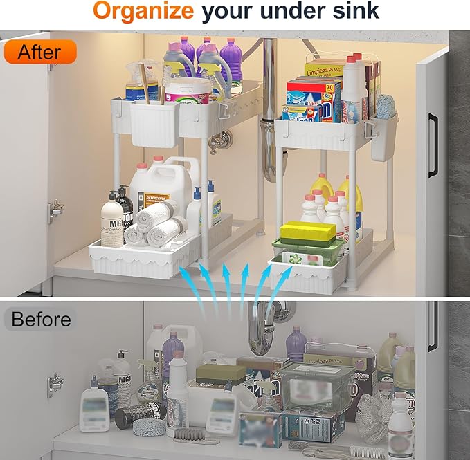 4-Pack 2-Tier Under Sink Organizer with Pull Out Drawers | Multi-use kitchen & bathroom storage. Includes hanging hooks and cups. White, space-saving cabinet design. 14.8 Inch