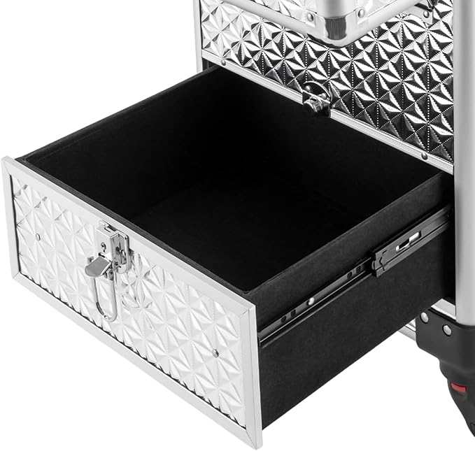 Rolling Makeup Train Case with Drawers, Cosmetic Travel Trolley, Storage Sliding Drawer 4 Tray Cosmetics Beauty Organizer Lockable Luggage Trolley (Silver)