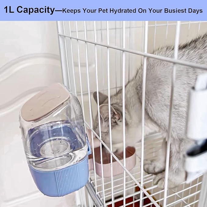 35oz Rabbit Water Bottle, Pet Hanging Automatic Water Dispenser for Small Animal Ferret Guinea Pig Chinchilla Dog Cat (Cage Grid Spacing 1.2''-2.1'') (Blue-Pink)