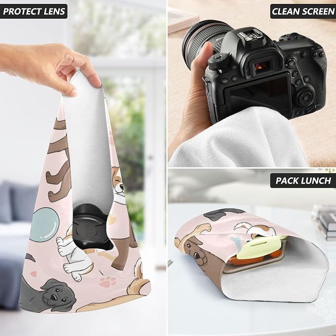 Emelivor Cute Pets Dogs Pink Print Self-Adhesive Magic Cloth Makeup Bag Portable Cosmetic Bag for Travelling Protective Wrap for Camera Laptop Sleeve Cover for Travel Cosmetics, 13.8x13.8in
