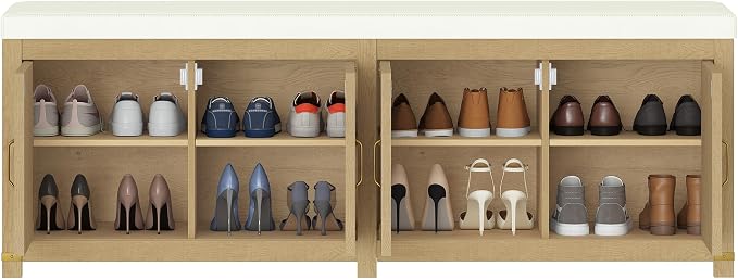 Hzuaneri 59" Shoe Storage Bench, with Soft Padded Seat Cushion & Doors | 2 Tier Shoe Bench with Adjustable Shelf, Wooden Entryway Bench for Living room, bedroom, Hallway, Rattan, Natural SB31502M