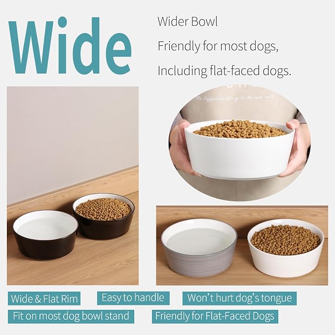 White Elevated/Raised Dog Bowl Ceramic with Wood Stand for Medium Large Breed,Dog Food Water Dish Heavy Wighted,8 in Non Slip Modern Cute Porcelain Pet Bowl Wide Extra Large