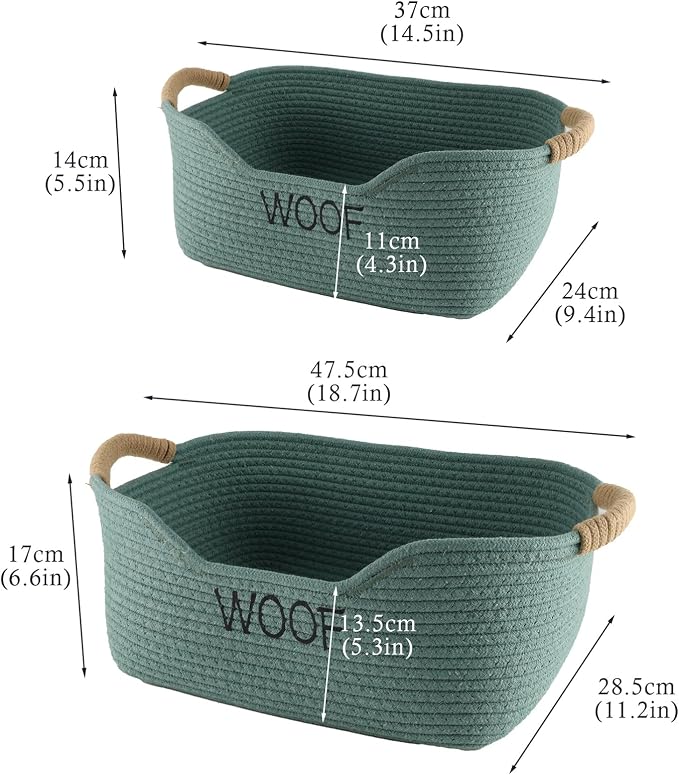 Morezi Dog toy basket 2 pieces woven dog toy bin low in front organizer storage collecting puppy combs shampoo brushes towel grooming stuff in bathroom playroom closet Green